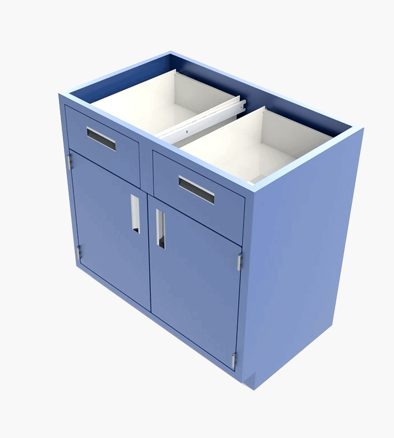 Blue laboratory base cabinets providing storage and support for work surfaces.
