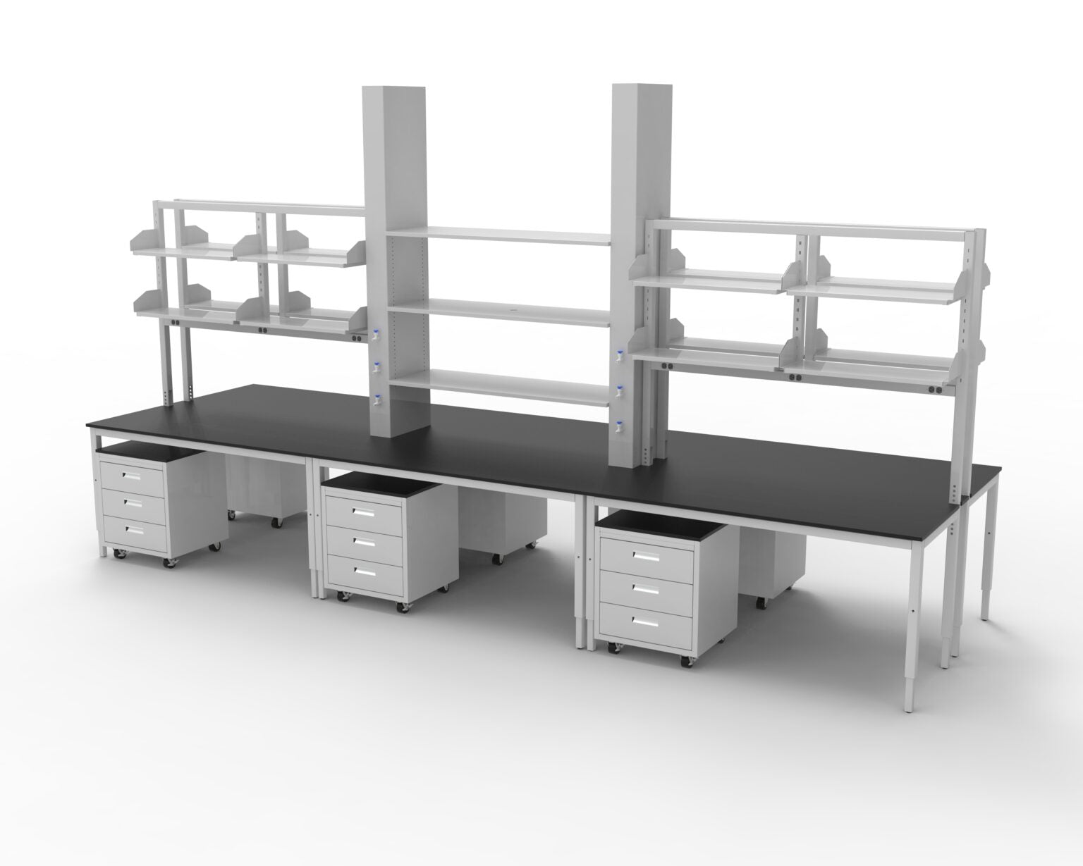 Laboratory work benches with separate storage drawers beneath.