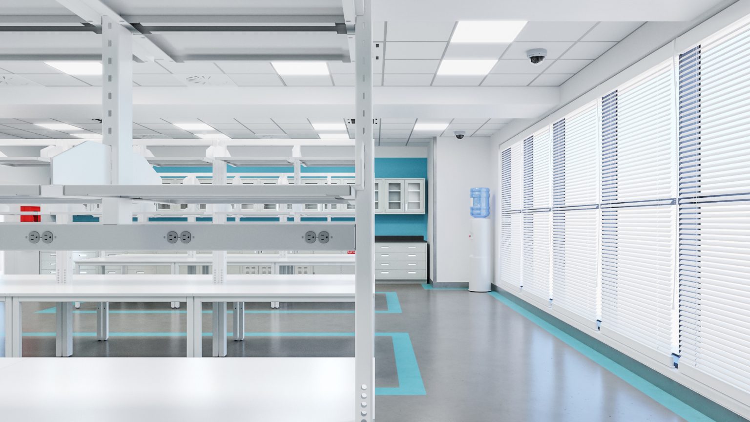 Brightly lit laboratory space with organized workstations and integrated storage solutions for efficient research activities.
