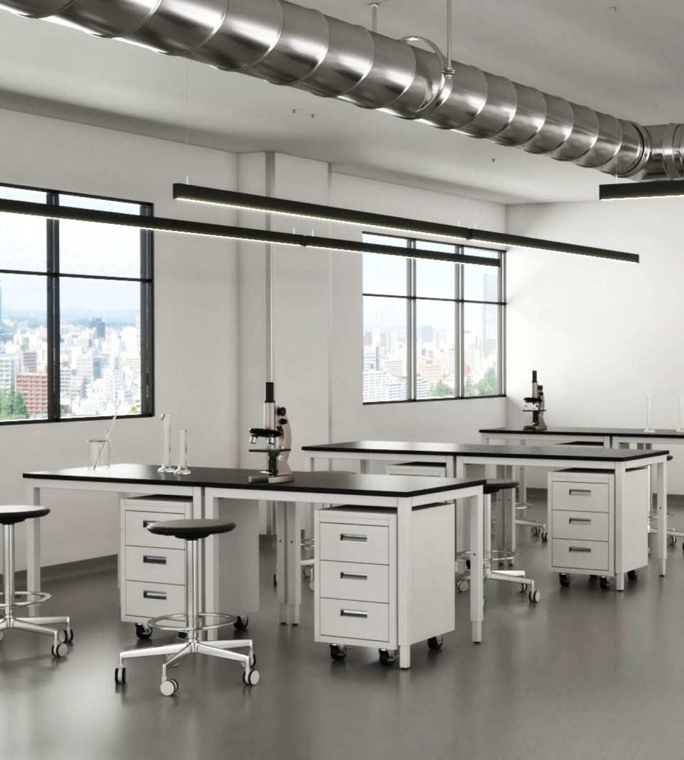 Laboratory interior with tables, benches, and cabinets arranged for scientific research and storage.