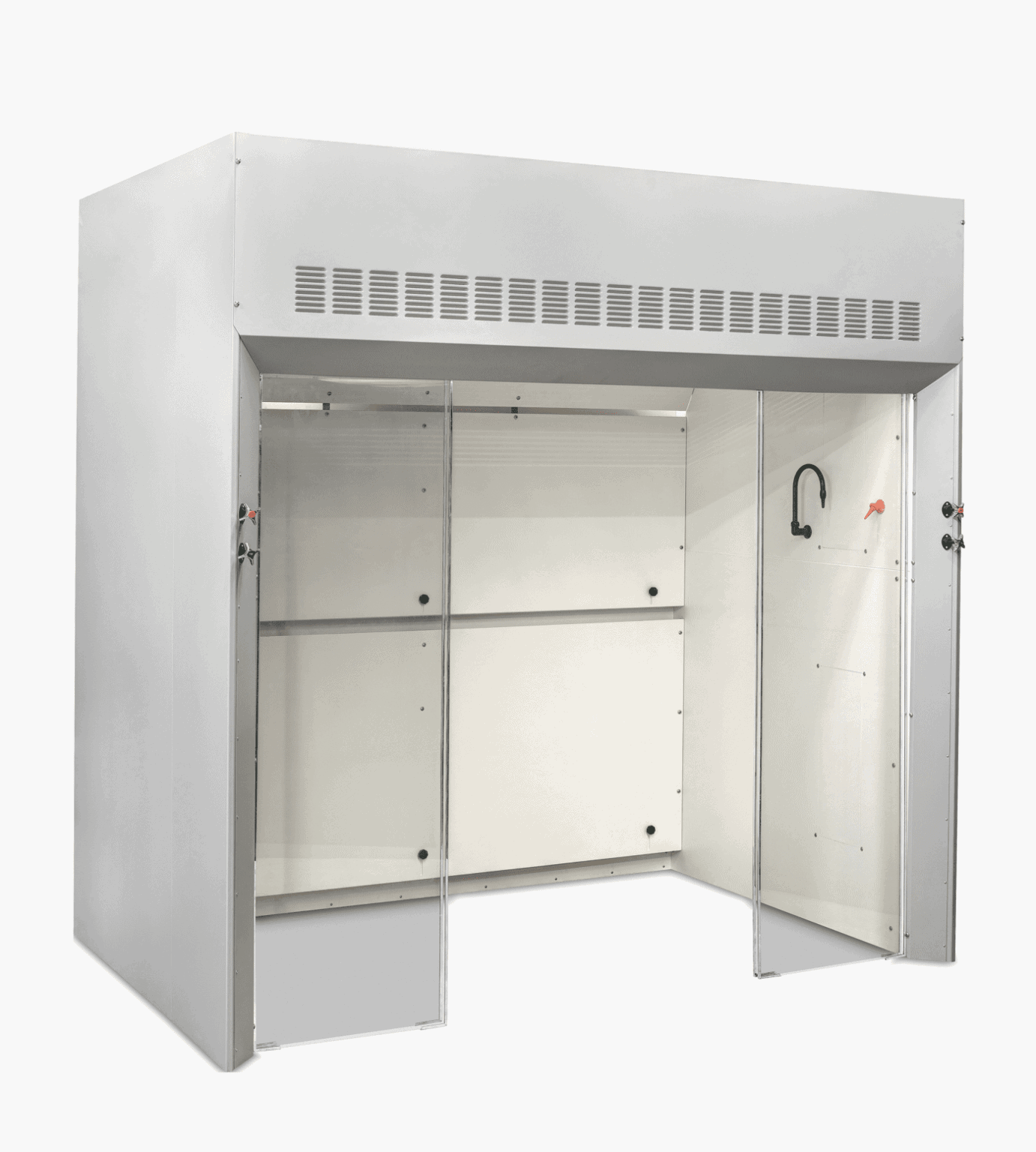 Floor mounted laboratory fume hood with transparent doors for large-scale or enclosed chemical handling.