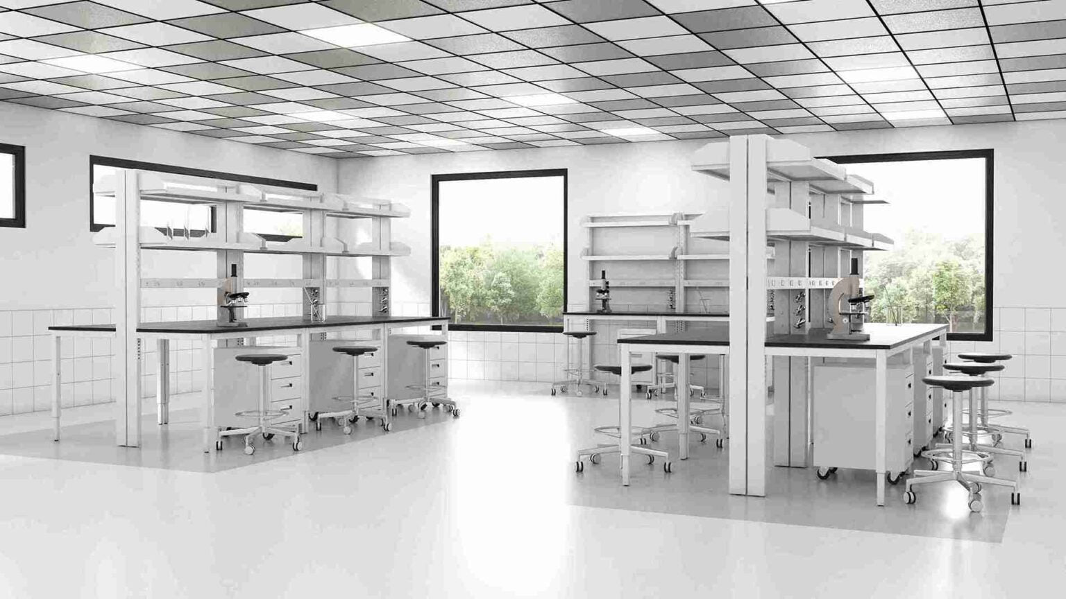 Clean laboratory interior featuring worktables, benches, and storage cabinets designed for scientific research and testing.