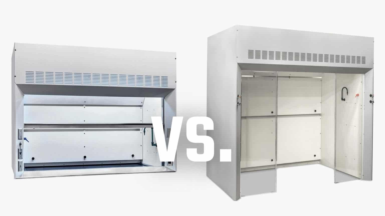 Comparison image showing benchtop and floor-mounted laboratory fume hoods side by side.