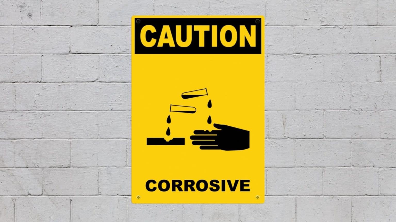 Wall-mounted safety sign displaying a corrosive warning symbol to indicate the presence of hazardous chemicals.