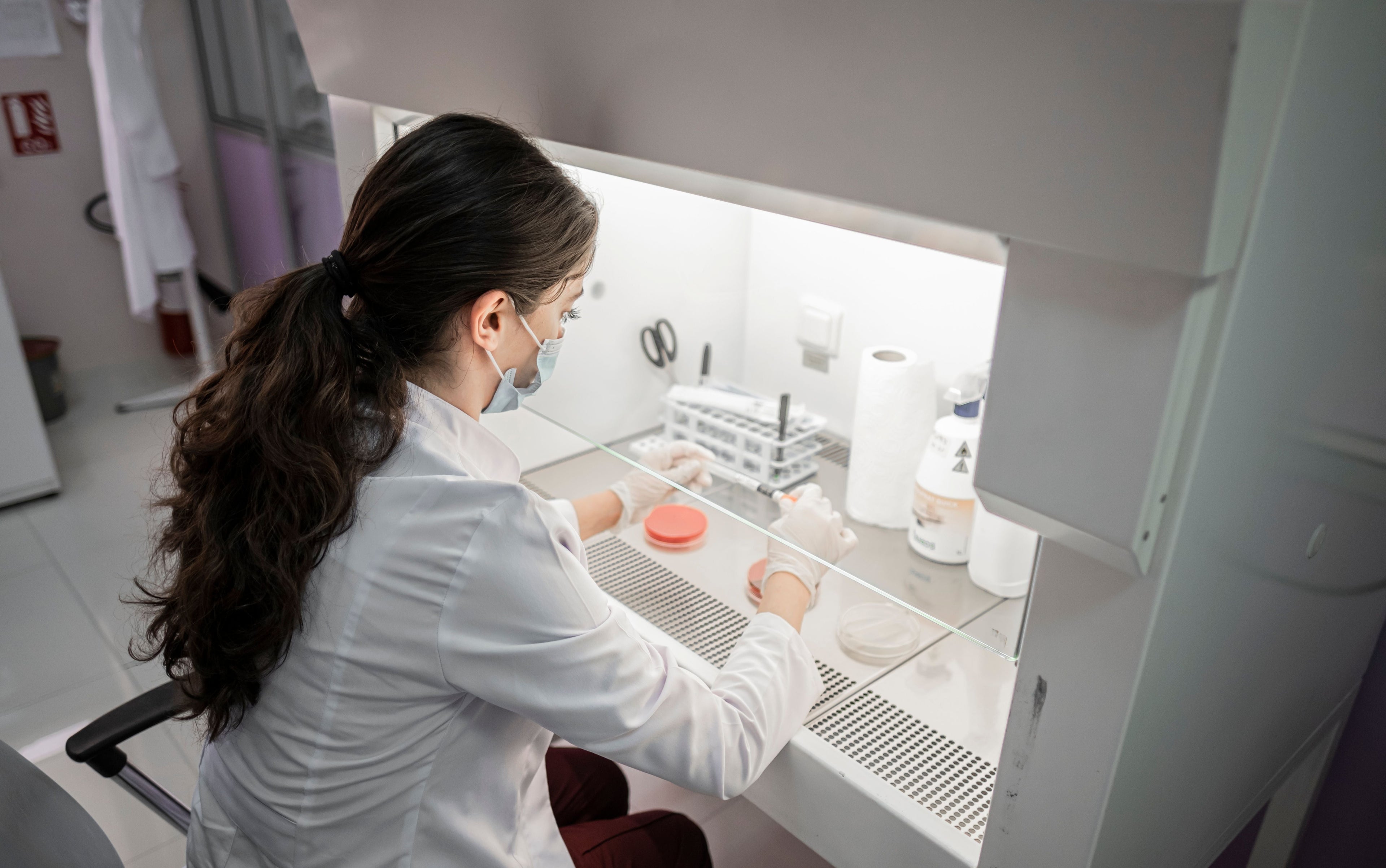 Woman working under a laboratory fume hood.