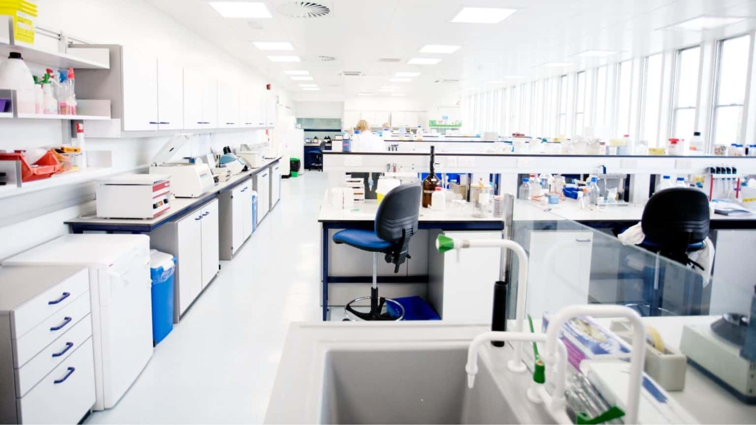 Science classroom featuring lab benches, equipment, and instructional materials for student experiments and learning.