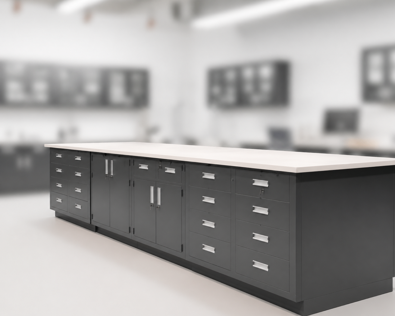 Laboratory casework with base cabinets installed under a countertop