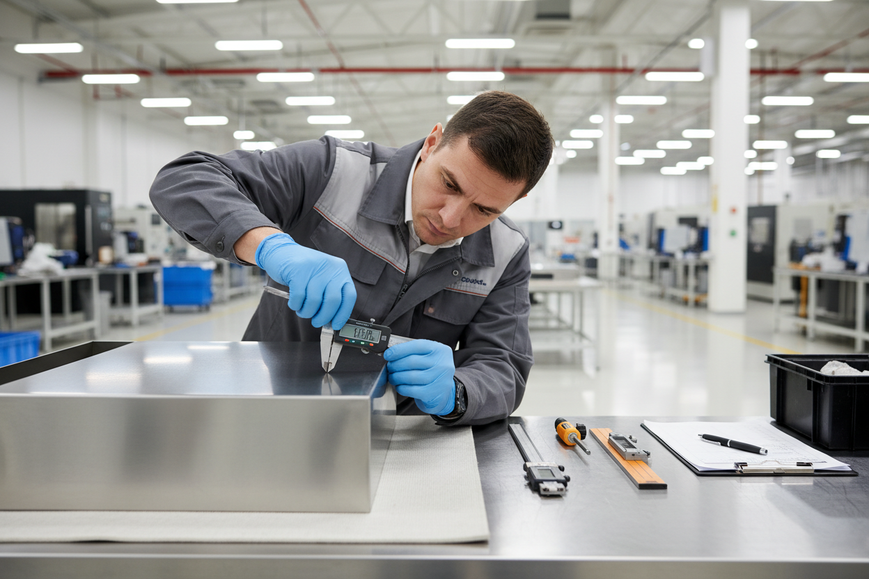 Worker in a factory setting using tools on metal parts